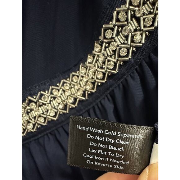 Boston Proper Blouse XS Navy Blue Peplum Top Rhinestones Travel Slinky Luxury - Picture 5 of 6